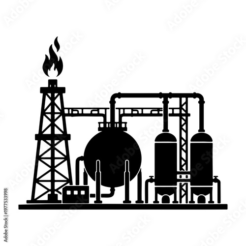 Oil and gas industry plant silhouette vector illustration refinery and petrochemical complex design