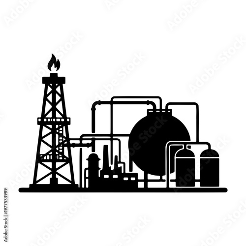 Oil and gas industry silhouette vector illustration of refinery plant and production site design