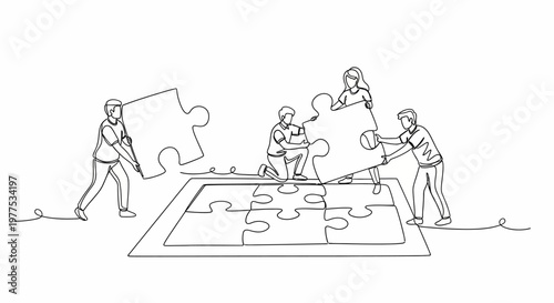 Continuous line drawing of businesspeople assembling a puzzle.