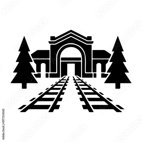 Black and white vector graphic of a train station with tracks and trees for travel designs