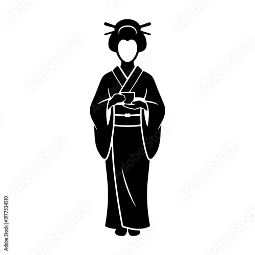 Japanese geisha woman in kimono holding tea cup vector illustration silhouette drawing art design