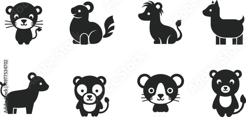 Set of Cute Baby Animal Icons and Silhouettes Including Lion Cub and Cat