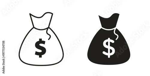 Money bag icon in black color. Vector icons on white background