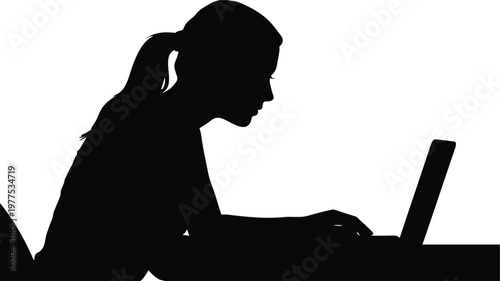Woman working on laptop silhouette, freelance remote job concept, typing at computer, home office lifestyle, digital work, technology, productivity illustration