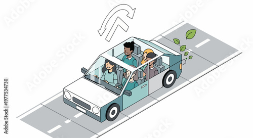 Eco-Friendly Carpooling Concept Illustration: Diverse People Sharing a Sustainable Ride in a Green Vehicle, Representing Circular Economy and Clean Energy Transportation