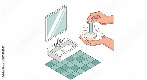 Minimalist Illustration of Hands Using a Solid Shampoo Bar with Foam in a Modern Bathroom, Zero Waste Sustainable Hair Care Concept