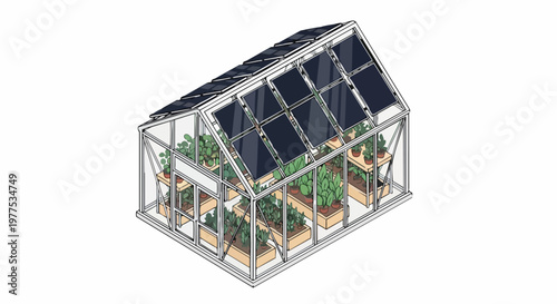 Isometric Illustration of a Sustainable Greenhouse with Rooftop Solar Panels and Interior Plants