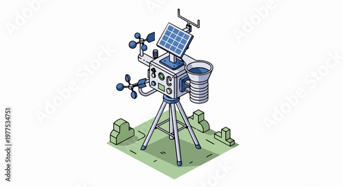 Isometric Automated Weather Station with Solar Panel and Meteorological Sensors for Climate Monitoring and Environmental Data Collection