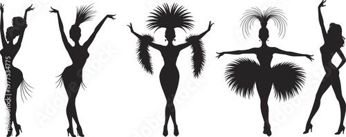 Showgirl dancers silhouettes with feather costumes, cabaret performance poses, glamorous female entertainers, stage dance concept, carnival style, elegant fashion illustration