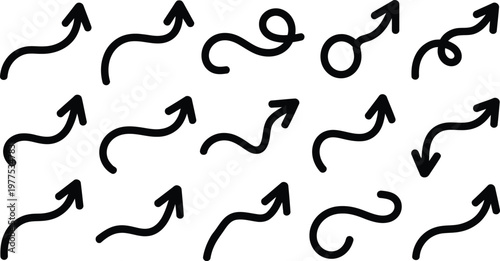 Collection of various handdrawn black curved arrows on white background