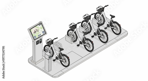 Isometric Illustration of a Smart City Bicycle Sharing Station with Electric Bikes and Digital Kiosk