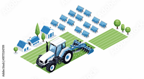Isometric Smart Farming Concept with Tractor Plowing Field and Solar Panels. Sustainable Agriculture, Renewable Energy, and Eco-friendly Rural Technology Illustration.