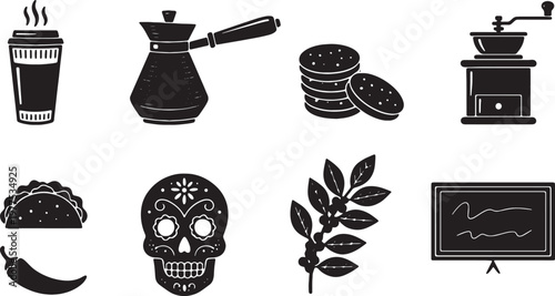 black and white food and drink icons on white background