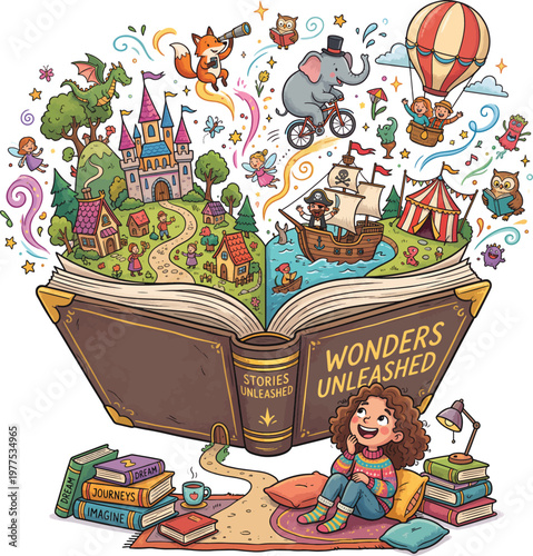 a girl sitting on a rug surrounded by books with a giant open book emitting fantasy illustrations