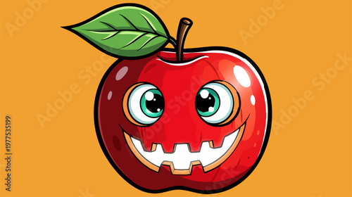 Cartoon red apple character with spooky jack-o-lantern face, Halloween fruit mascot vector, cute monster apple with green leaf on orange background