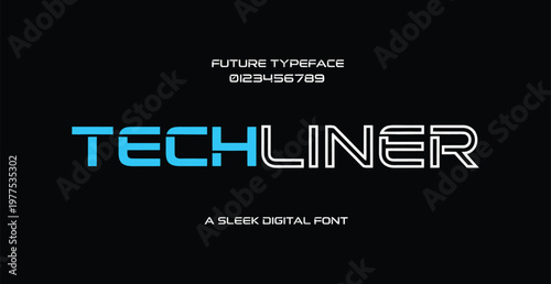 A sleek digital font is showcased in a futuristic typeface advertisement with a black background