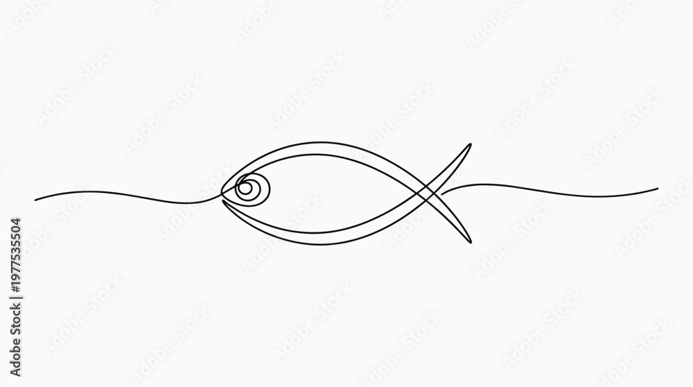 Obraz premium Minimalist single line drawing of a fish swimming through wavy lines representing water on a plain background