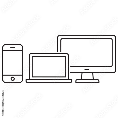 Line drawing of mobile phone, laptop, and desktop computer