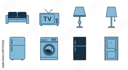 Set of modern household appliances and furniture in blue tones for home decor concepts