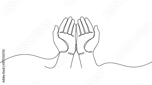 Open hands praying or receiving in minimalist continuous line art style with gentle wavy lines on white background