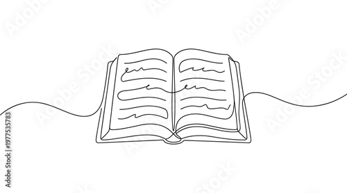 Open book with handwritten script and flowing lines symbolizing knowledge and creativity on a white background