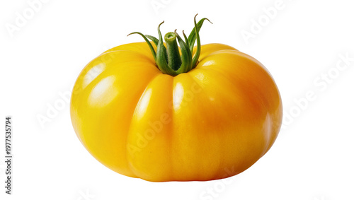 Fotografie Isolated vibrant fresh ripe organic yellow beefsteak tomato with green stem and