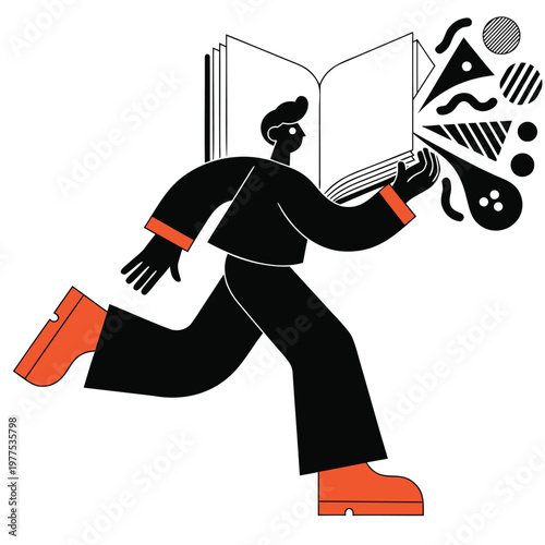 Vibrant graphic person running with open book, embodying knowledge pursuit and creative idea flow