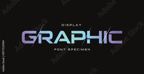 A modern graphic design display font specimen with vibrant purple and blue gradient colors on a black background
