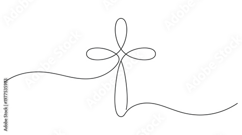 Elegant continuous line drawing of a Christian cross with flowing curves and decorative flourishes on a white background
