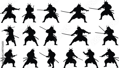Samurai warrior silhouettes set with swords, Japanese fighters in action poses, martial arts concept, traditional armor, combat stances, vector illustration collection