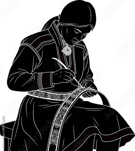 Silhouette of a woman weaving a vintage illustration of traditional craftsmanship and cultural heritage