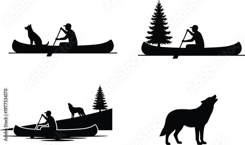 Canoe adventure silhouettes with dog and nature elements, paddling scene, outdoor exploration, wilderness travel concept, forest landscape, river journey illustration set