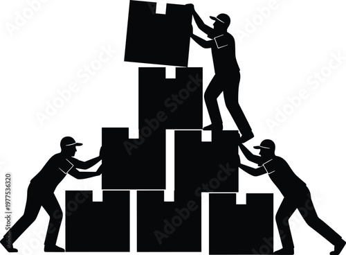 Workers stacking boxes silhouette, teamwork logistics concept, warehouse labor, collaboration in delivery service, loading cargo, industrial job, supply chain illustration