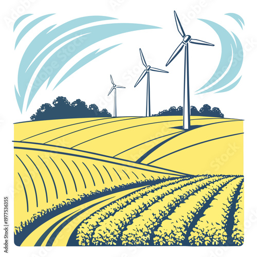 A stylized illustration depicts a rural landscape with three wind turbines positioned above rolling hills and cultivated fields high quality professional detailed