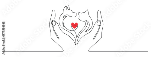 Continuous one line drawing of cat and dog together. Minimalist veterinary clinic logo with cute pets. Simple outline icons for animal hospital or vet care design. Doodle Vector illustration