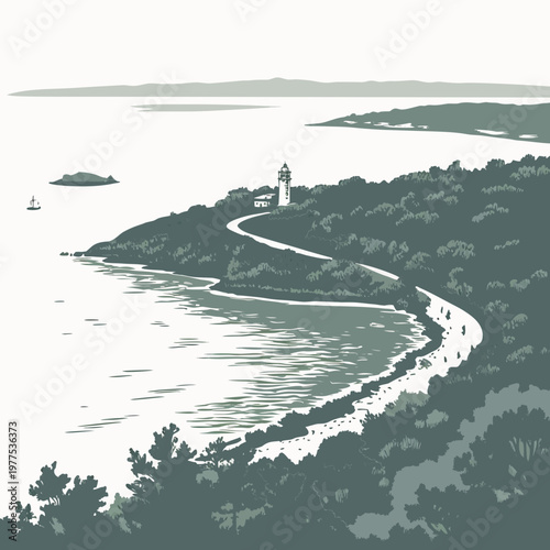 A serene stylized illustration depicts a winding coastal road leading to a lighthouse overlooking a calm bay and distant hills high quality