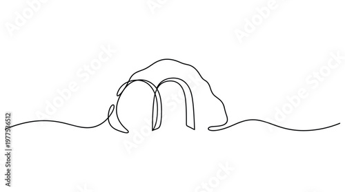 Minimalist single line drawing of a person meditating in a yoga pose on a wavy line representing the earth