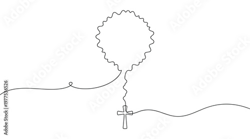 Abstract single line drawing of a dandelion seed head with a single stem and roots against a white background representing wishes and dreams