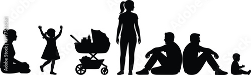 Family, silhouettes, people, parents, children, baby, toddler, sitting, standing, walking, stroller, bonding, love, care, lifestyle, isolated, black, white, background, vector