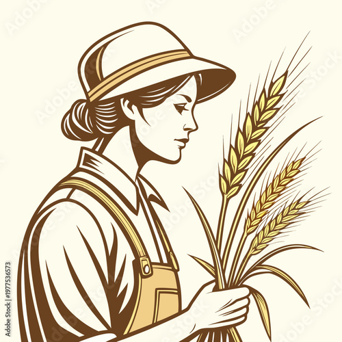 A vintage style illustration depicts a woman in a hat and overalls holding a bundle of golden wheat stalks looking downward
