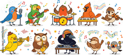 Birds Band Playing Musical Instruments, Singing, and Jamming Together