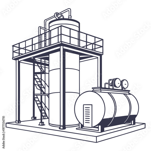 An illustration depicts an industrial structure with large tanks platforms and ladders showcasing a simplified blueprint style high quality professional detailed modern