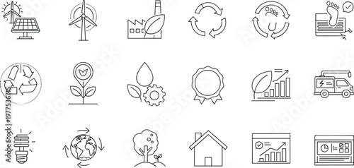 Eco-Friendly Sustainability Icon Set with Green Energy, Recycling, and Environmental Impact Concepts for Clean Technology and Conservation Efforts