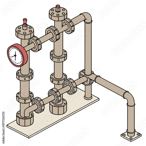 An illustrative depiction showcases a complex arrangement of industrial pipes valves a pressure gauge and connecting flanges high quality professional detailed modern