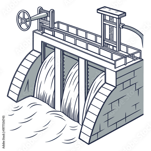 An illustrative depiction showcases a concrete dam structure with open floodgates releasing flowing water depicting hydroelectric power infrastructure high quality professional detailed