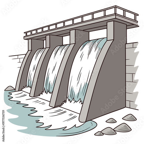 A simplified illustration depicts a concrete dam with multiple gates releasing a substantial flow of water into a riverbed high quality professional