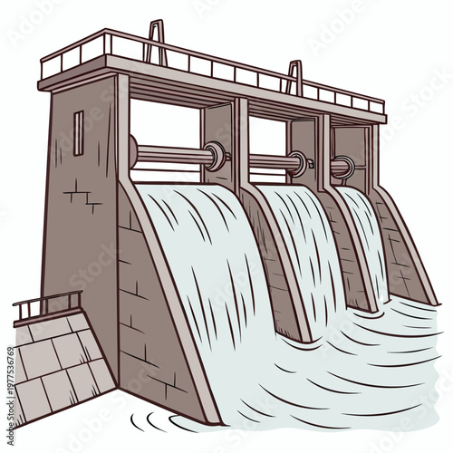 A detailed illustration depicts a concrete hydroelectric dam structure with flowing water cascading over its spillways high quality professional modern elegant stylish