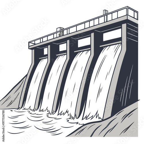 A detailed monochrome illustration depicts a large concrete dam with multiple spillways releasing a significant flow of water high quality professional modern