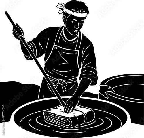 Traditional japanese potter at work a woodcut illustration of ceramic craftsmanship