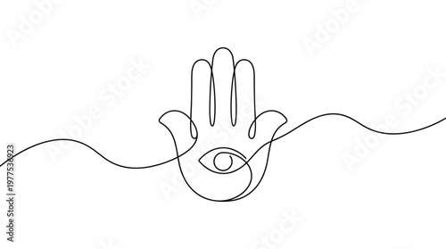 Hamsa hand symbol with eye and wavy line continuous line drawing minimalist style